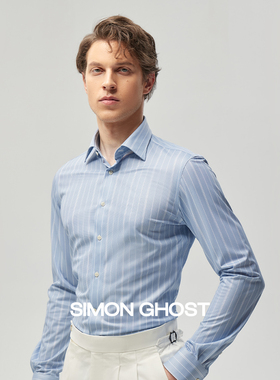 SIMON GHOST新款男士衬衫桑蚕丝面料条纹衬衣蓝色灰色长袖衬衫