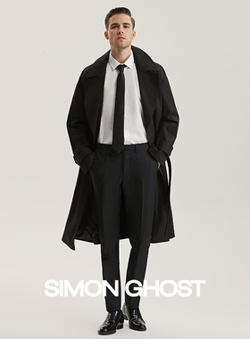 SIMON GHOST黑色双排扣战壕大衣男士纯棉商务休闲Trench风衣外套