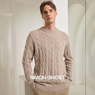 SIMON GHOST 男士羊毛衫秋季针织绵羊毛休闲驼色灰色圆领上衣毛衫