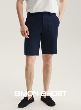 SIMON GHOST男士短裤REDA纯羊毛面料110支深蓝色商务休闲裤夏季