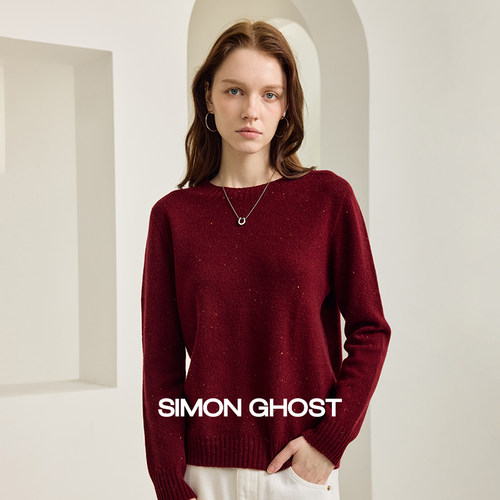 SIMON GHOST 女士羊毛衫秋季针织绵羊毛休闲黑色灰色圆领上衣毛衫