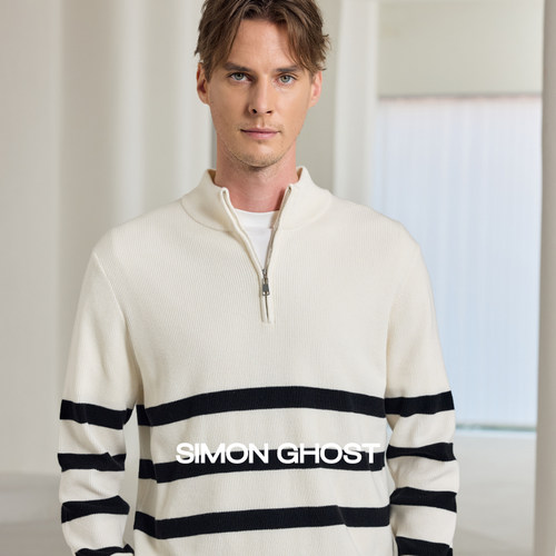 SIMON GHOST 男士羊毛衫秋季针织绵羊毛休闲米白色条纹上衣毛衫