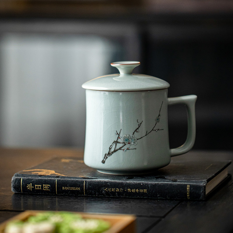 复古手绘梅花陶瓷杯家用带盖办公泡茶杯中式雅致风汝瓷个人水杯