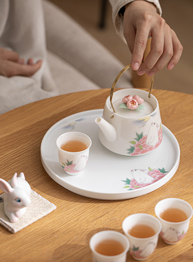 提梁壶一壶二杯干泡茶盘小套组家用陶瓷功夫茶具女生卡通玉兔茶宠