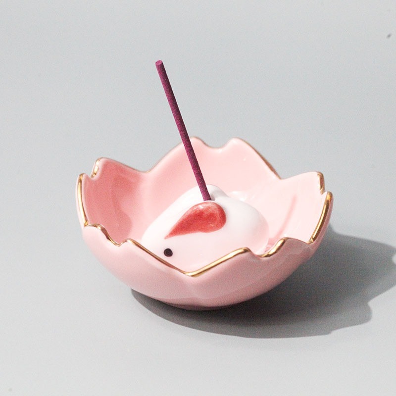 日式樱花香立香盘日本线香可爱兔子香插 陶瓷香座香托香座7cm香碟