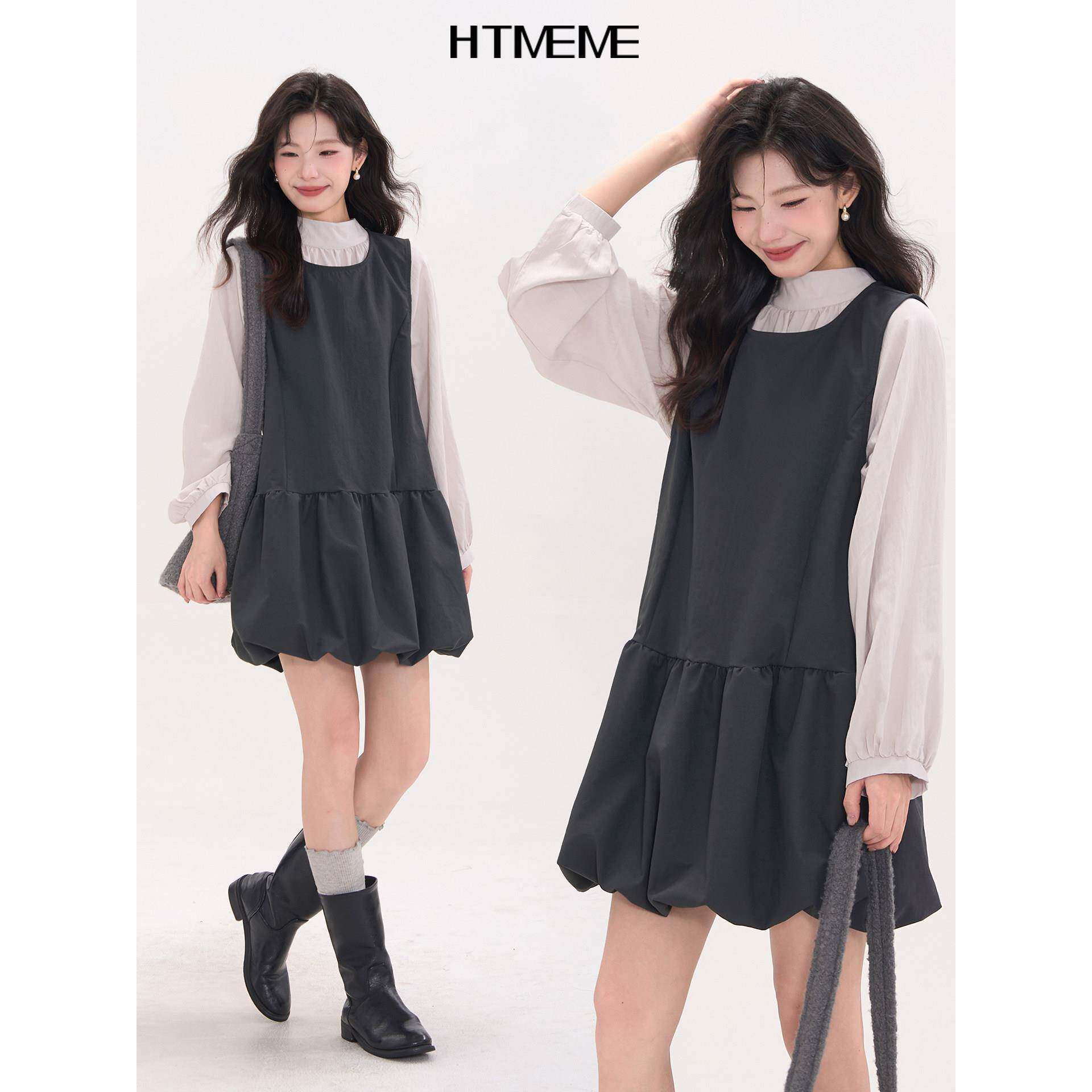 花田橱窗HTmeme 仁川时报~韩系减龄花苞背心裙女秋叠穿蓬蓬连衣裙