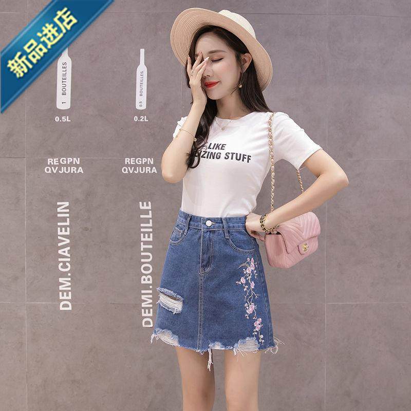 高腰牛仔绣花半身裙女A字裙破洞毛边短裙修身牛仔L裙子女学生韩版|msdalam kategori Butik wanita / wanita, skirt - dari Buy2taobao.com untuk memberikan perkhidmatan ejen Taobao profesional membeli