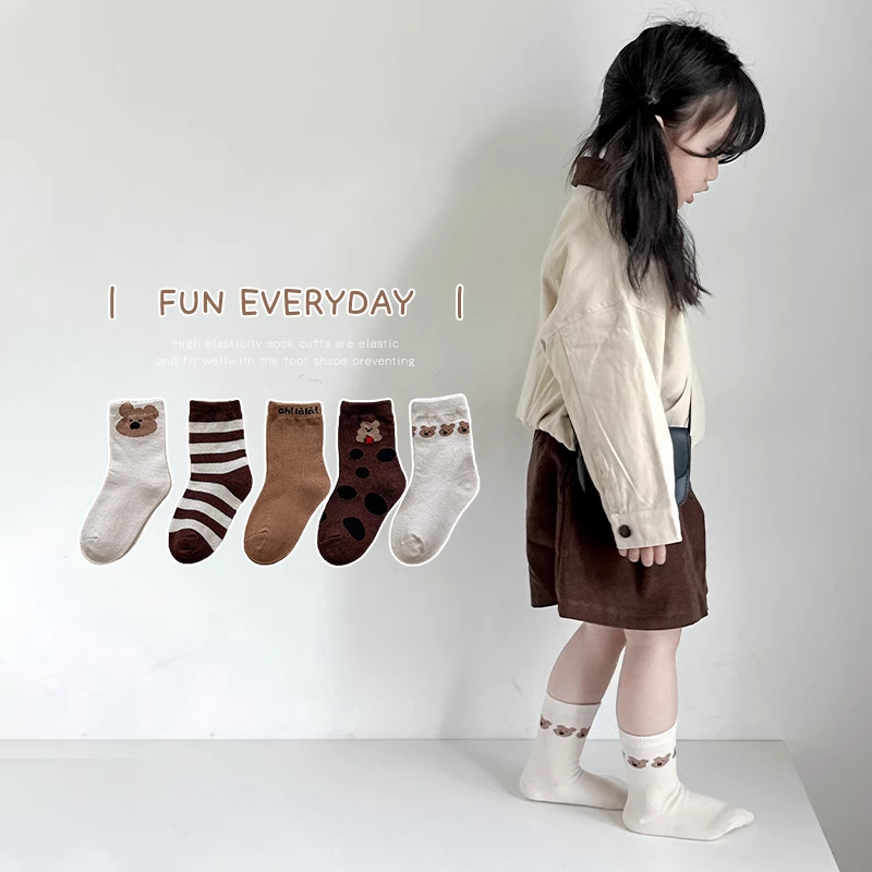 女童袜子春秋纯棉儿童复古咖色小熊中筒袜韩版男童宝宝ins潮袜秋