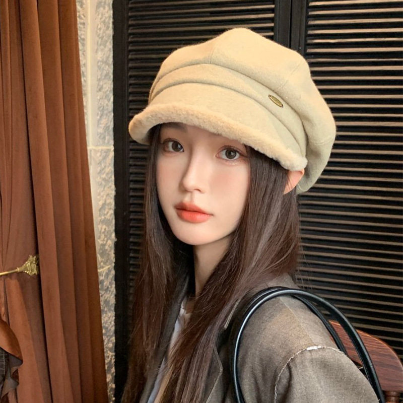 韩系素颜遮脸羊羔绒渔夫帽子女冬季新款加厚保暖显脸小宽檐鸭舌帽