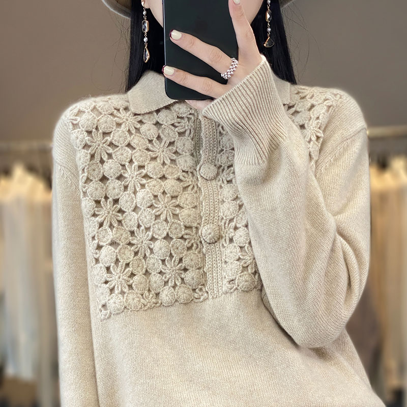 长袖百搭翻领通勤羊毛纯色针织衫