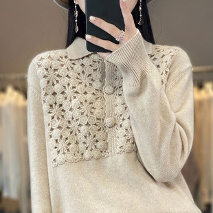 重工手工钩花POLO翻领100%羊毛衫女纯色短款宽松羊绒针织打底毛衣