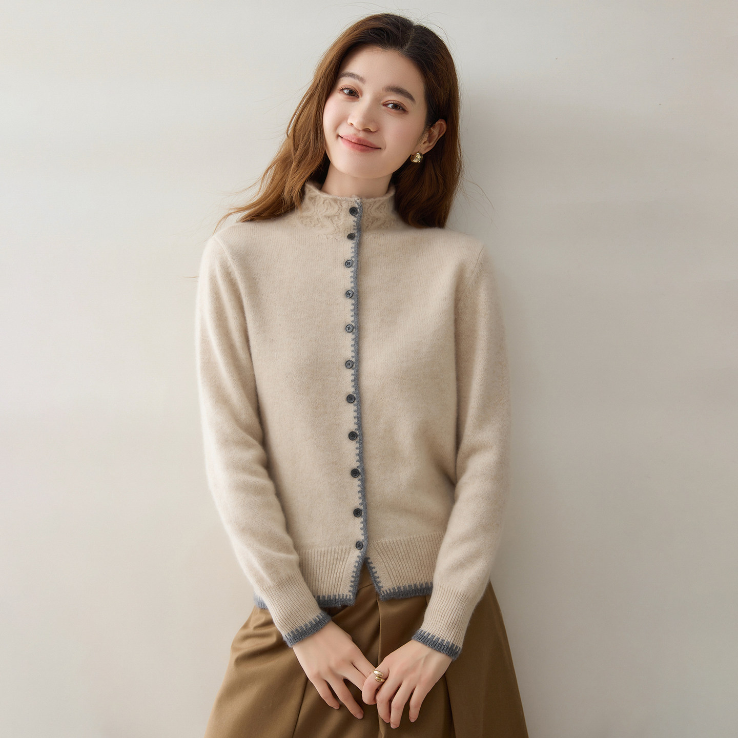 半高立领羊绒开衫女秋冬显瘦