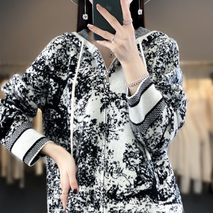 100%羊绒衫女连帽撞色刺绣针织衫秋冬新款宽松打底衫羊毛开衫外套