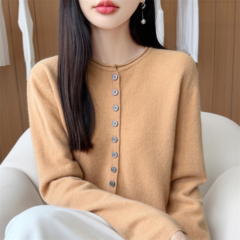 100%羊毛卷边圆领纯色女开衫