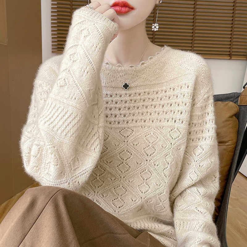 重磅手工刺绣钩花100%纯羊毛衫女圆领宽松慵懒镂空羊绒衫打底毛衣,女装/女士精品,羊绒衫,淘宝优惠券,粉丝福利购,淘宝优惠卷