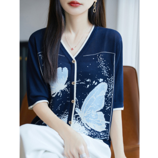 体恤 莱赛尔天丝V领拼色针织短袖 女夏季 新款 圆领蝴蝶宽松百搭半袖