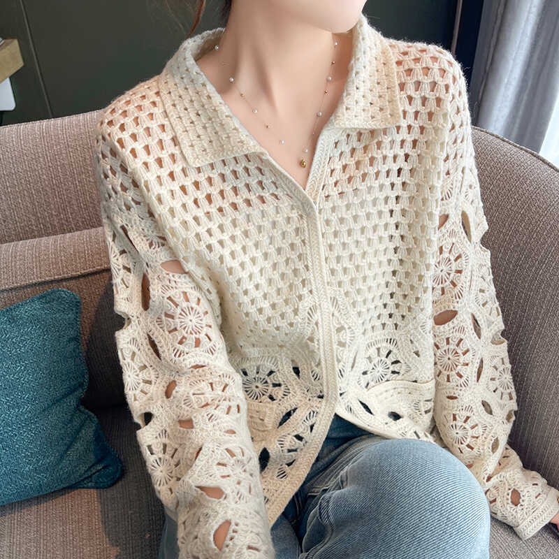 钩花刺绣镂空100%纯羊毛开衫外套