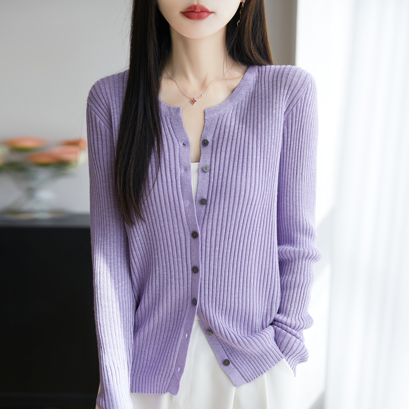 爆款新款长袖竹节麻针织开衫女短款外套毛衣法式设计感简约外搭