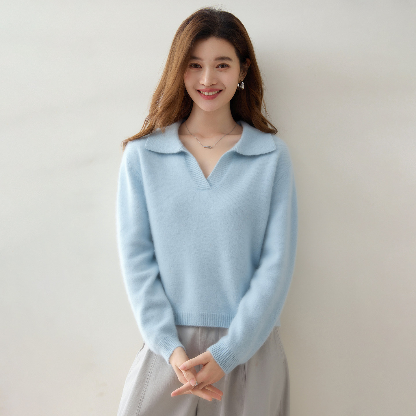 秋冬POLO领山羊绒女套头毛衣