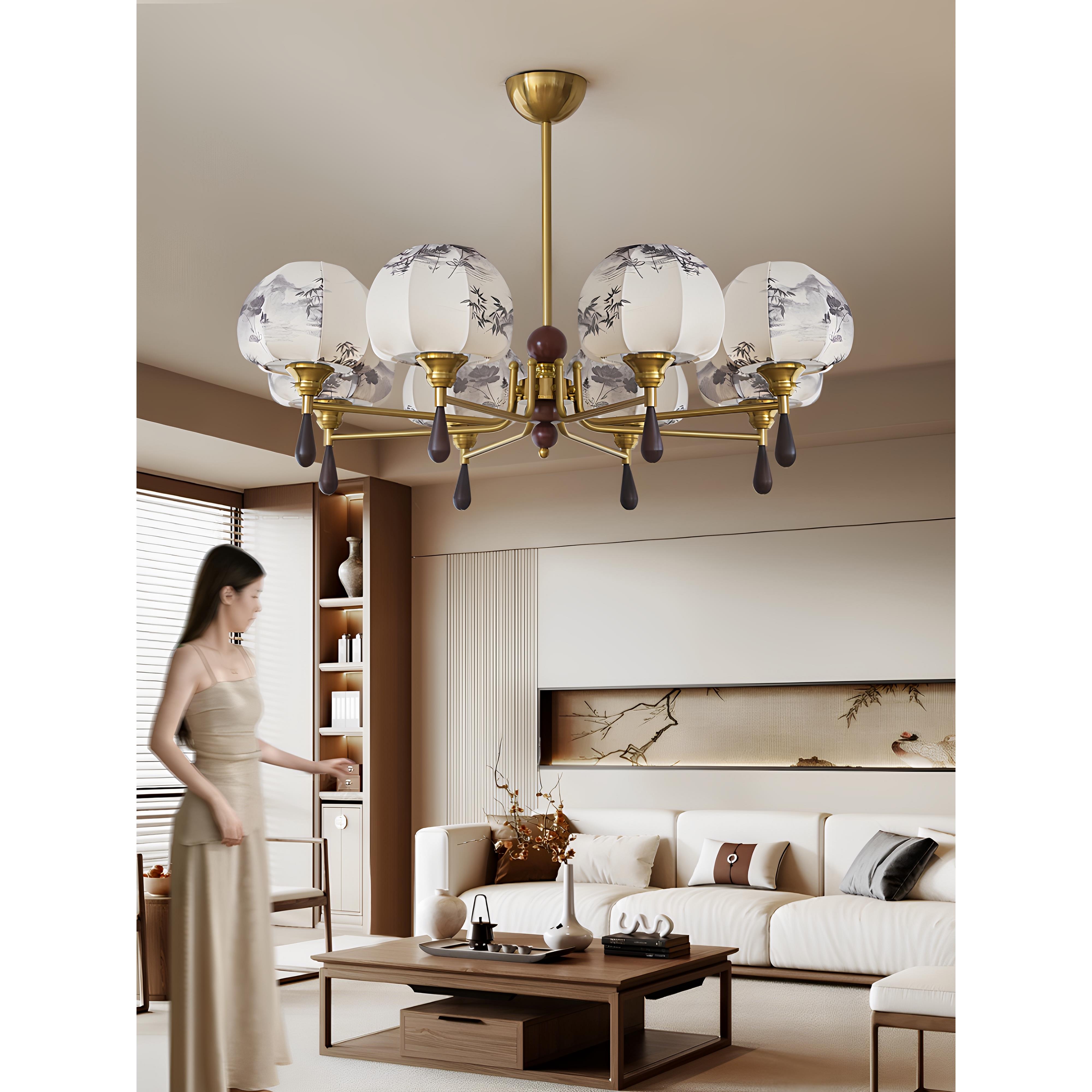 客厅吊灯新中式覆古中世纪风格织物客厅主灯Wabi-Sabi风格胡桃木