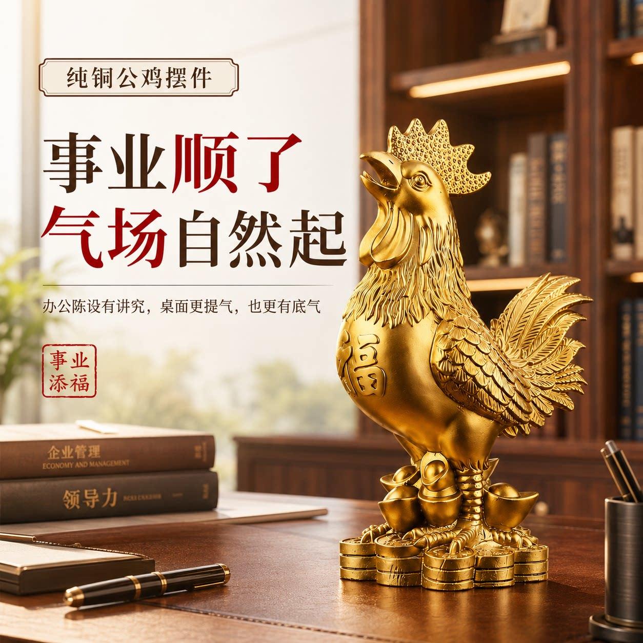 纯黄铜公鸡金鸡报喜摆件生肖鸡吉祥物铜鸡报晓家居房屋正西补缺角