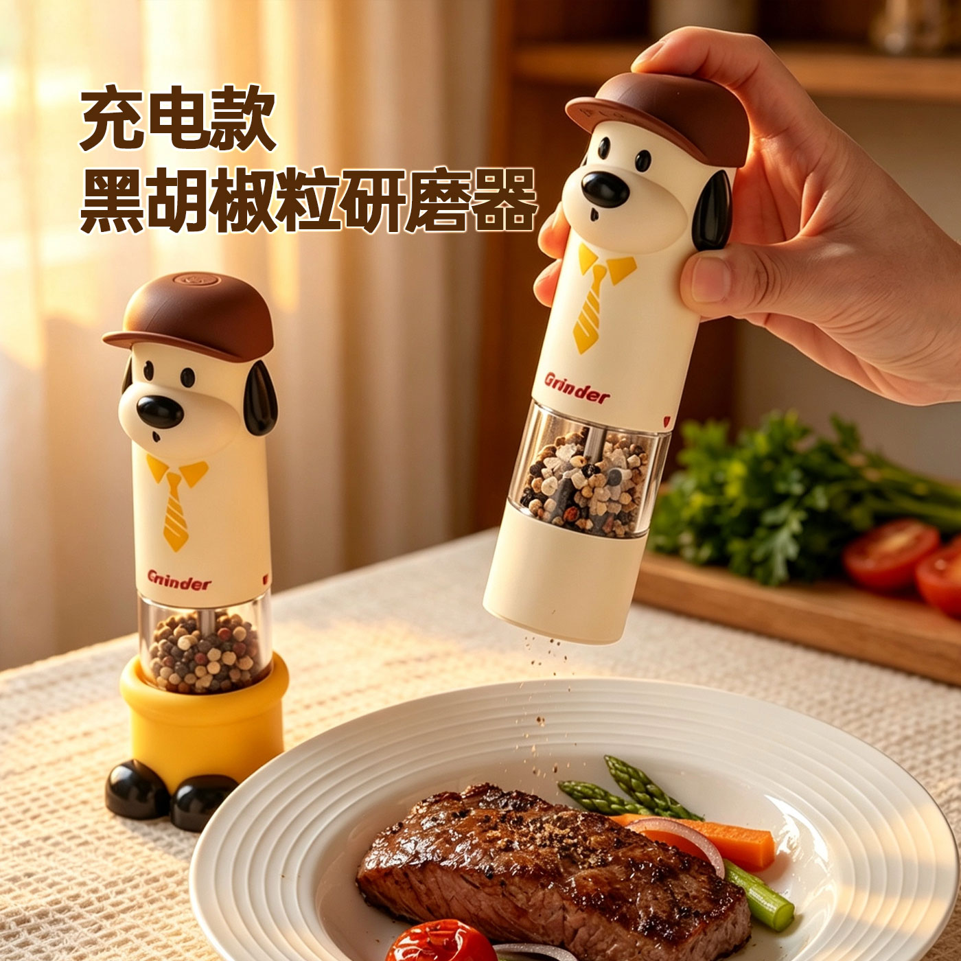 卡通电动胡椒研磨器家用厨房调料海盐胡椒粉磨黑胡椒粒花椒研磨瓶