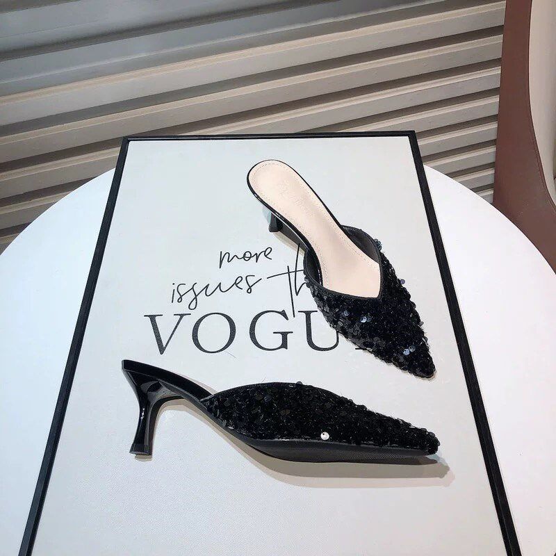 速发仙风亮片尖头半包凉鞋外穿性感细跟拖头2拖鞋高跟鞋凉024款