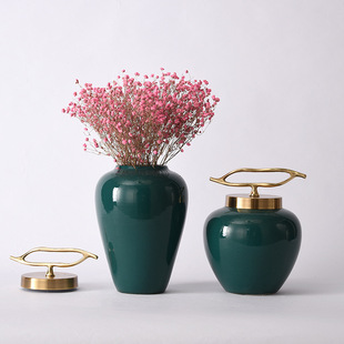 速发新中式宝绿色陶厅家书摆件样板间客瓷居房桌面轻奢插花瓶