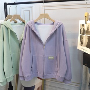 速发zdm大码00斤连松卫衣奶系薄荷绿带帽拉链宽帽胖妹妹开衫外套