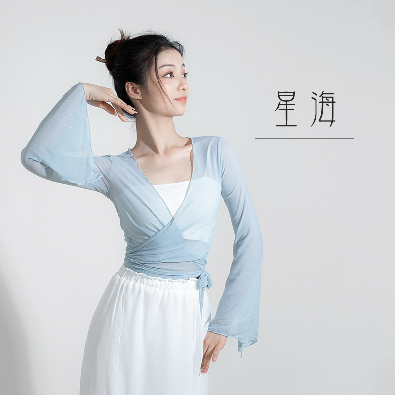 速发古典舞身韵服网纱练功服袖带钻中国舞上衣网纱老师舞蹈服纱衣