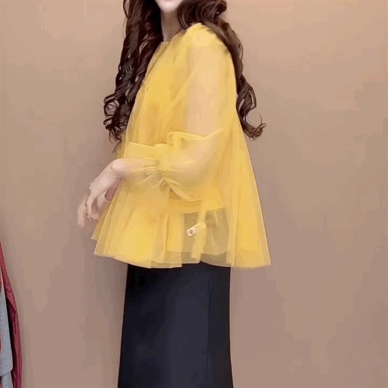 速发超仙甜美风网纱小衫圆领长袖黑上衣宽松娃娃服衫+内搭吊带