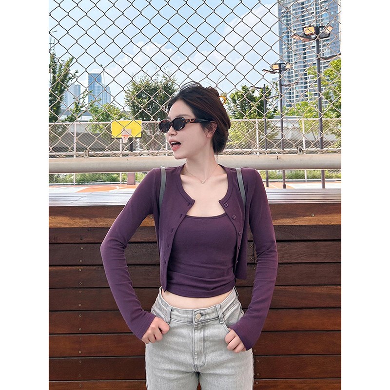 速发两感辣妹圆领带袖针织开衫T恤新款短款吊长上衣性件套图片