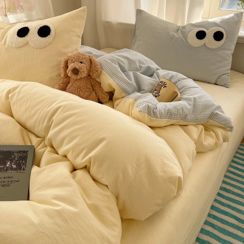 速发大眼睛纯色水洗棉肤亲四件套少1软糯混搭三件套心.5