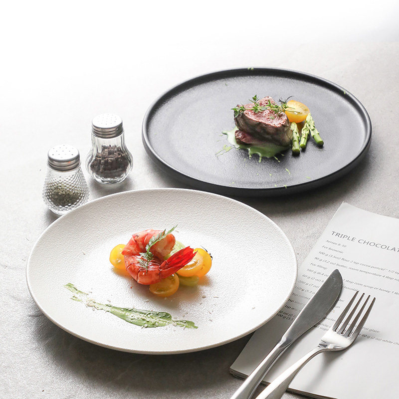 速发牛排盘西餐盘高级感家用黑菜盘砂黑白平磨西餐餐盘创意色