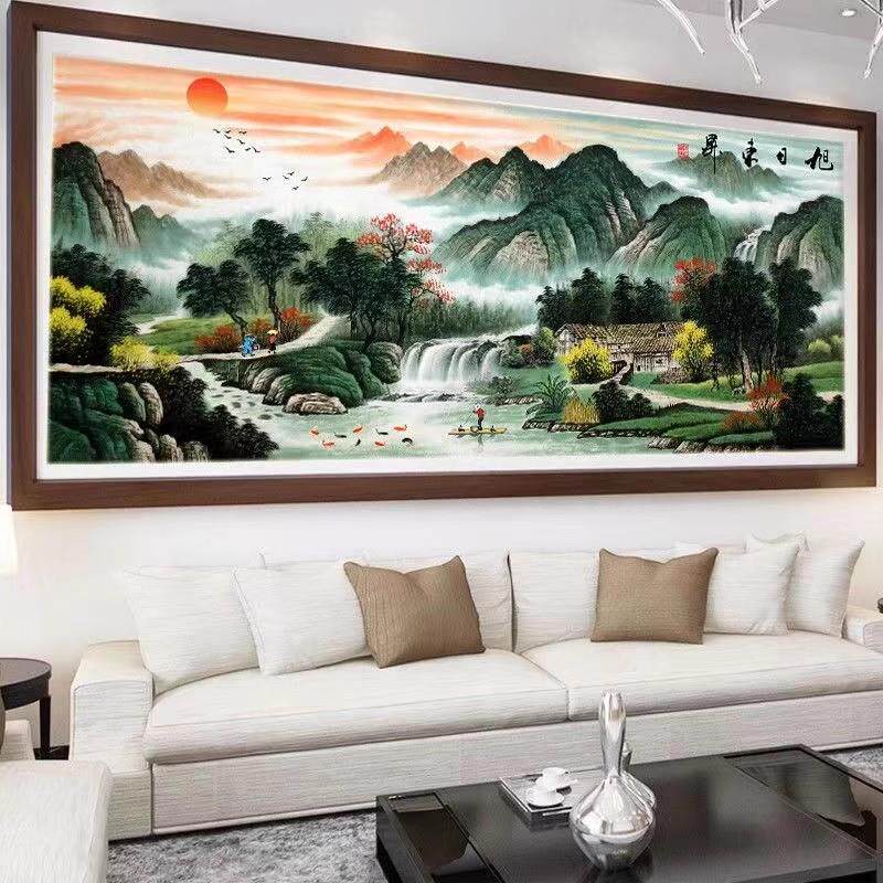 速发纯手工十字绣成品旭日东升流水生财山水风景客厅挂画带框已绣