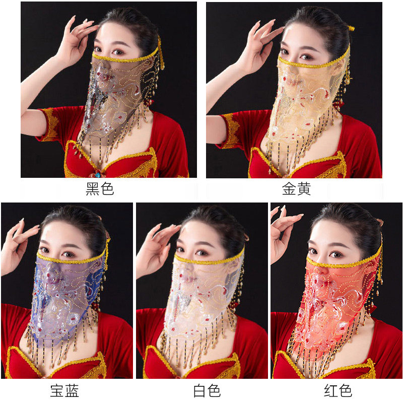速发2021肚皮舞绑带面纱 东方舞纱巾 舞蹈纱巾汉服亮片流苏防尘面