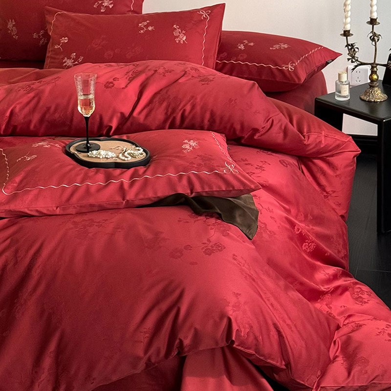 速发浪漫婚6庆绣S全棉提花四件套新婚红色金线刺0结婚