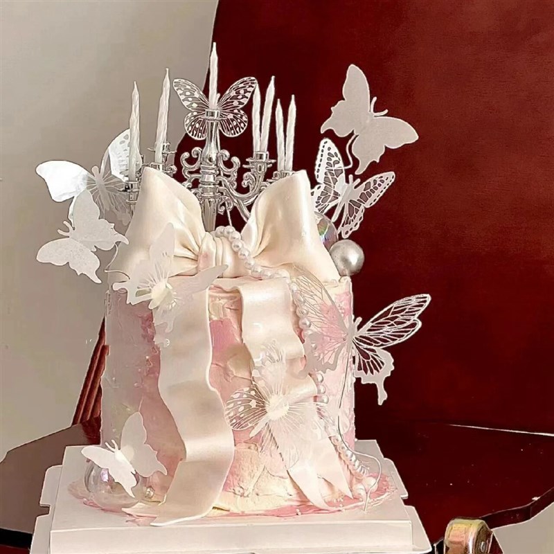 速发银白色塑料蝴蝶蛋糕装饰插件美丽神生日快乐甜品台烘焙创意装