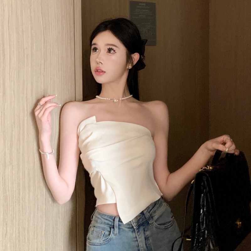 速发纯欲甜辣妹性感无肩带抹胸背心夏外穿不规则裹胸上衣设计感小