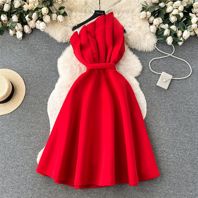 速发风轻奢高级立感体花瓣服抹胸礼边连衣裙复古优雅大摆裙