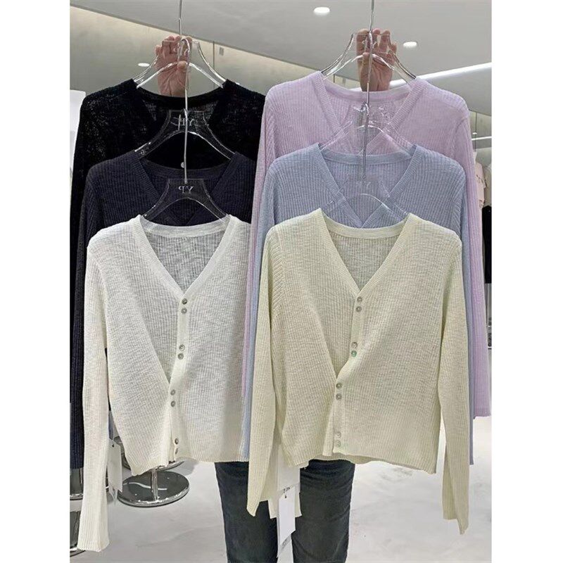 速发长丝亚麻V领4袖针织开衫202天春款纯色薄款空调防晒衫上衣