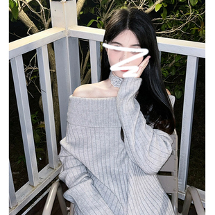 速发慵懒风一字肩毛衣4022秋冬季新款小露子高级感个肩内搭针织上