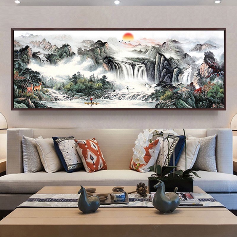 速发流水生财线绣客厅大幅旭日东升满绣手工绣山水风景