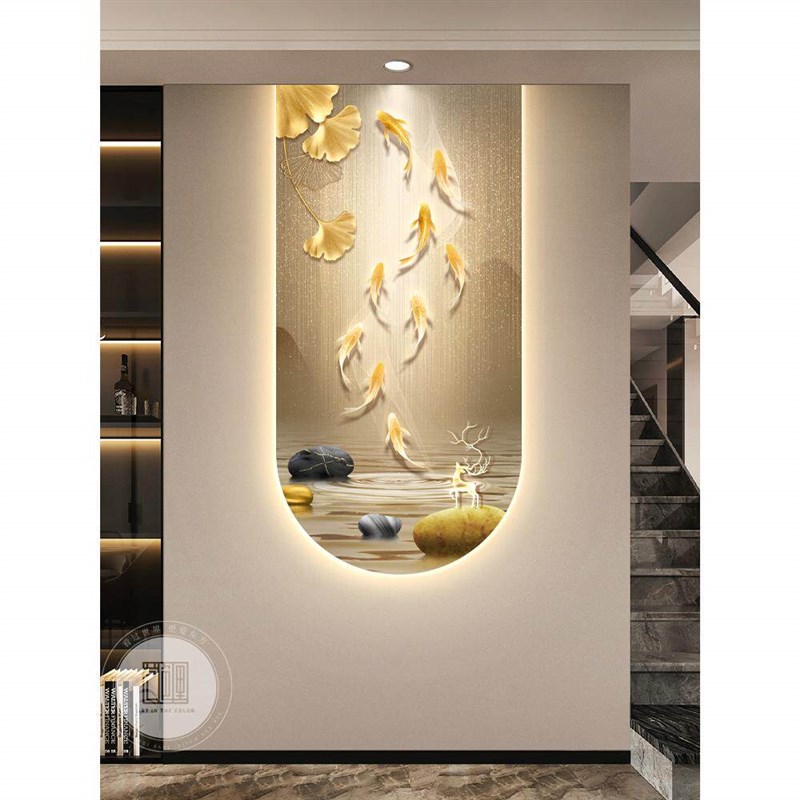 速发玄关九鱼图挂画现代轻奢走廊过道装饰画入户门客厅发光壁画高