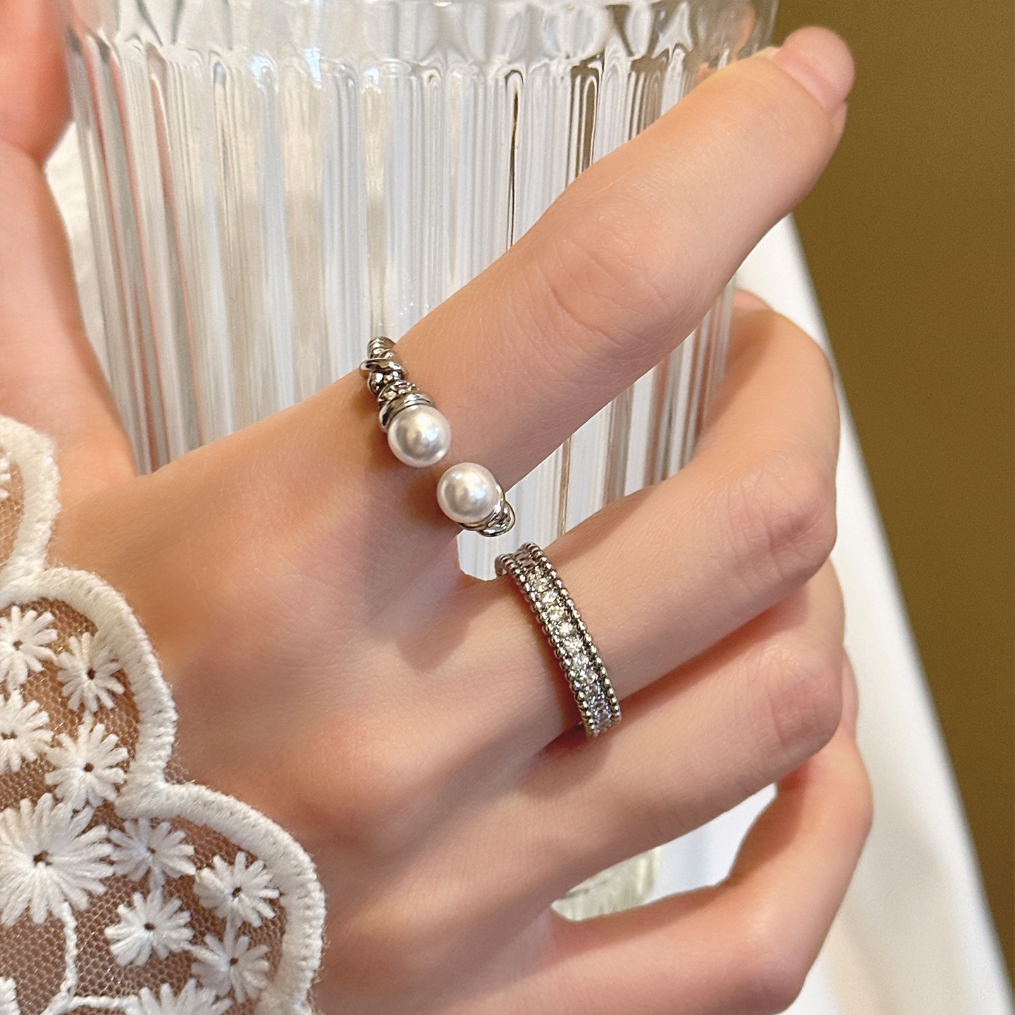 麻花双珍珠开口戒指女小众设计食指戒轻奢高级感气质大气叠戴指环