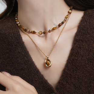 美拉德穿搭虎眼石串珠长项链女高级感轻奢小众毛衣链配饰2025新款