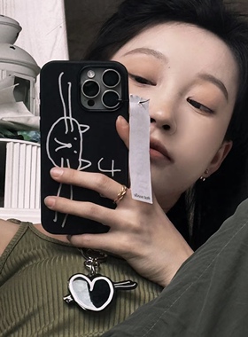 手绘可爱大脑袋线条猫咪手机壳适用苹果17promax新款16pro黑色15小众iphone14pro磨砂13防摔12软11保护套XR