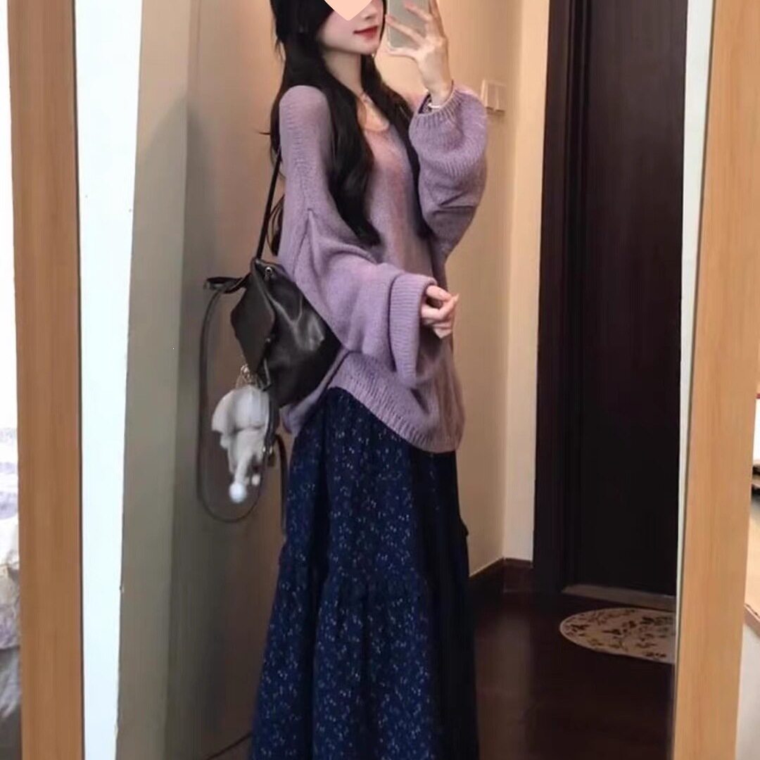 甜美温柔风轻熟秋季穿搭一整套ootd宽松紫色上衣碎花裙子两件套装