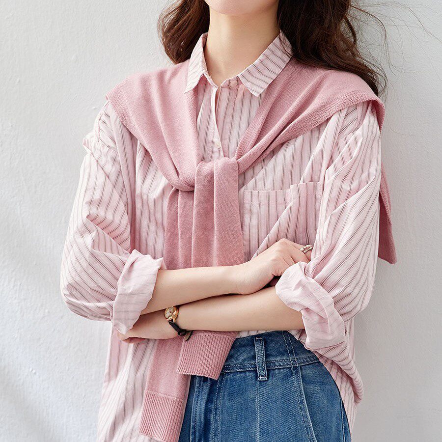 拉夏贝尔粉色条纹衬衫女2026春季新款宽松衬衣慵懒风防晒上衣外套