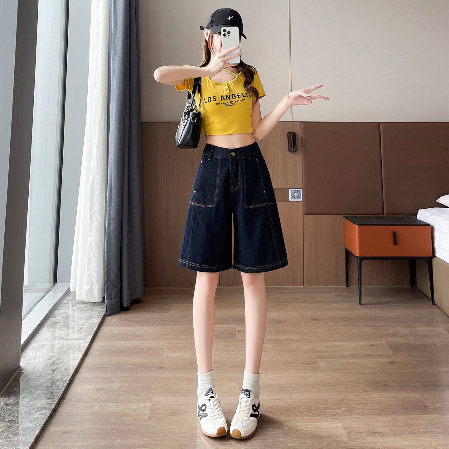 丹宁蓝五分牛仔裤女夏季薄款高腰宽松2026显瘦小个子新款直筒中裤